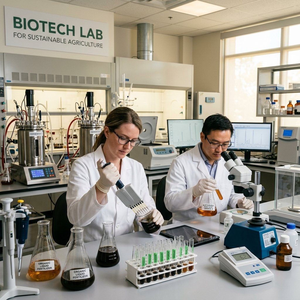 Microbiologists testing nutrient levels in biotechnology lab